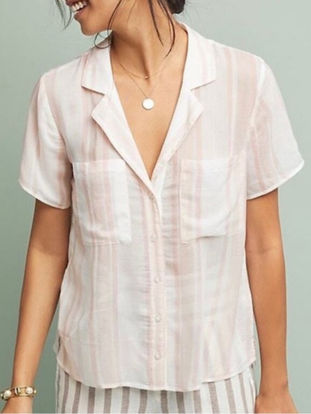 Cloth & Stone for Anthropologie sheer pink and white striped short sleeve Size M